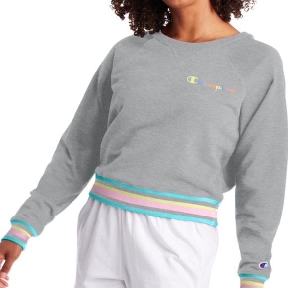 Champion Sweatshirt Rainbow Logo French Terry Crew Raglan Sleeves Grey L NWT - Picture 3 of 15